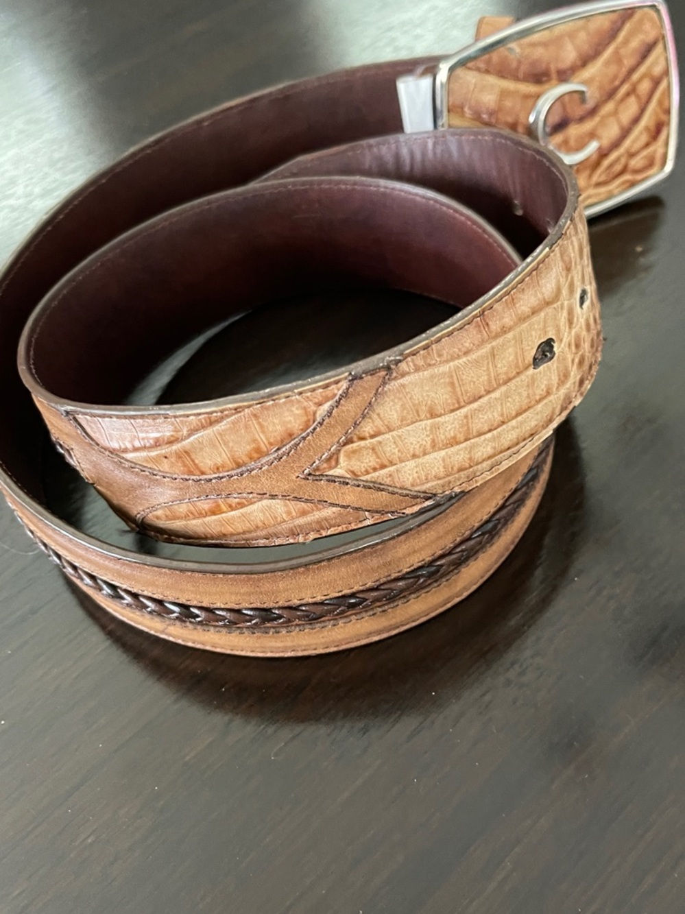Cuadra Croc-Embossed Leather Belt with Brushed Metal 'C' Buckle